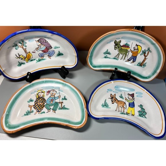 Ser Nando Vista Italian Ceramic Dishes Kidney Shape Handmade Folk Art Set of 4
